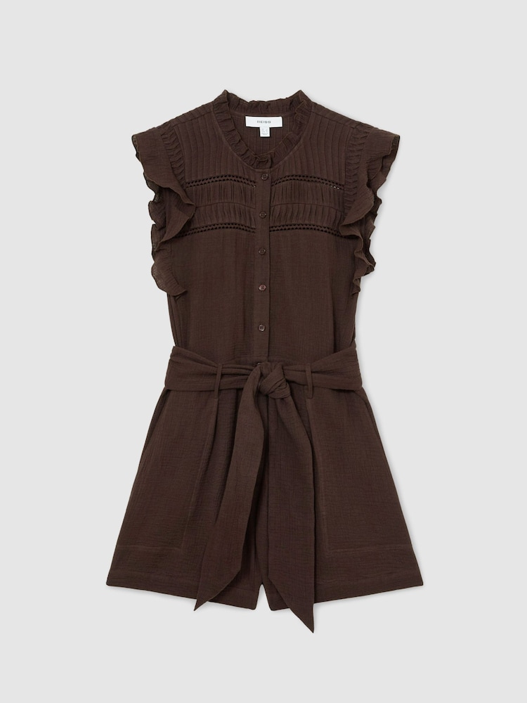 Reiss Chocolate Mylie Cotton Cheesecloth Ruffle-Detail Playsuit - Image 2 of 7