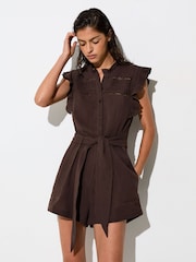 Reiss Chocolate Mylie Cotton Cheesecloth Ruffle-Detail Playsuit - Image 4 of 7