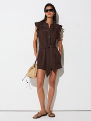 Reiss Chocolate Mylie Cotton Cheesecloth Ruffle-Detail Playsuit - Image 5 of 7