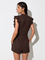 Reiss Chocolate Mylie Cotton Cheesecloth Ruffle-Detail Playsuit - Image 6 of 7