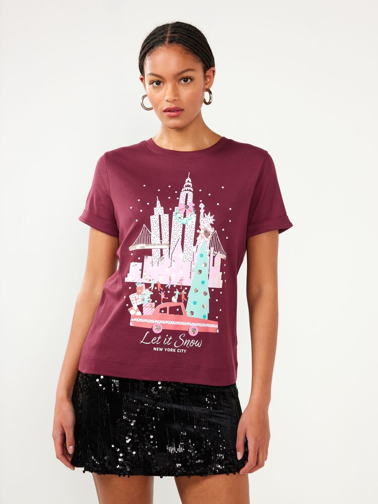 Berry rouge NYC Scenic - T-shirt de Noël orné de sequins - Image 6 of 7