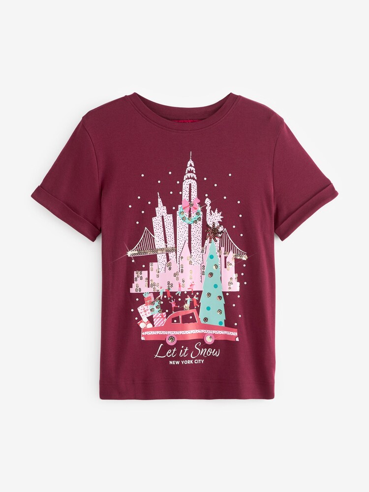 Berry Red NYC Scenic Sequin Embellished Christmas T-Shirt - Image 7 of 7