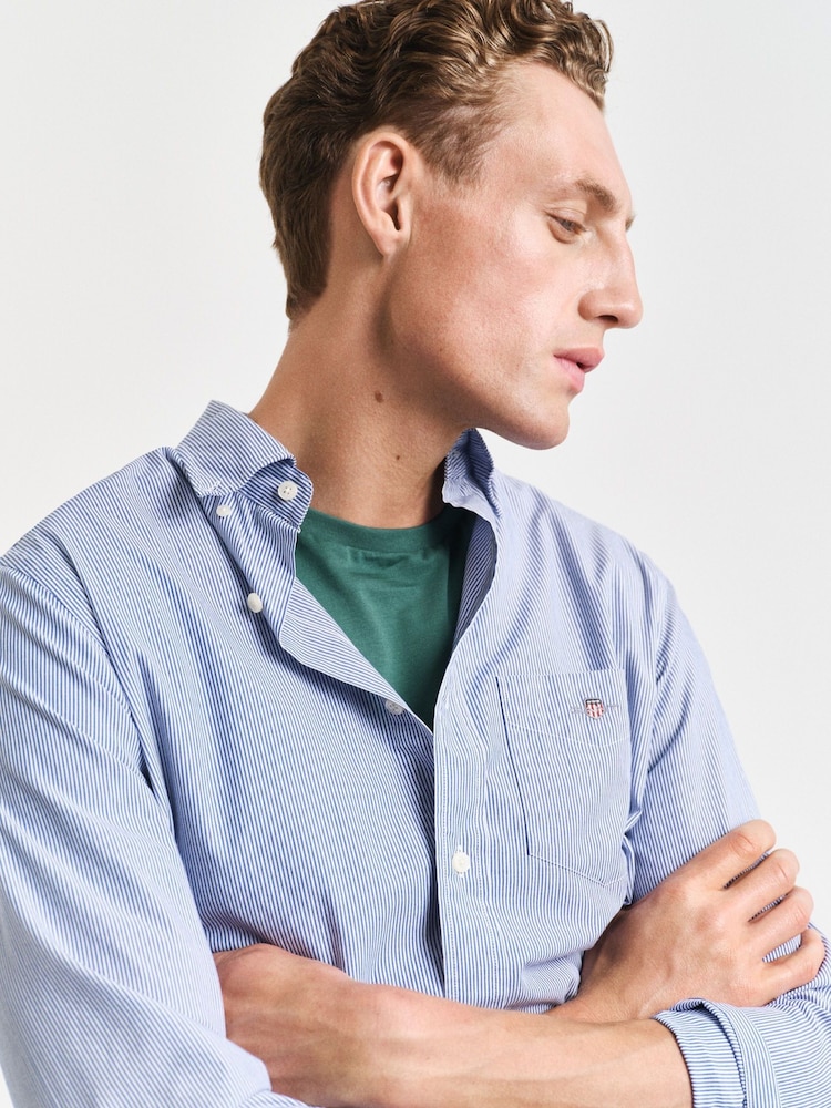 GANT Blue Stripe Regular Fit Poplin Cotton Shirt - Image 3 of 4