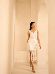 Mint Velvet Cream Disc Detail Fringed Midi Skirt - Image 2 of 8