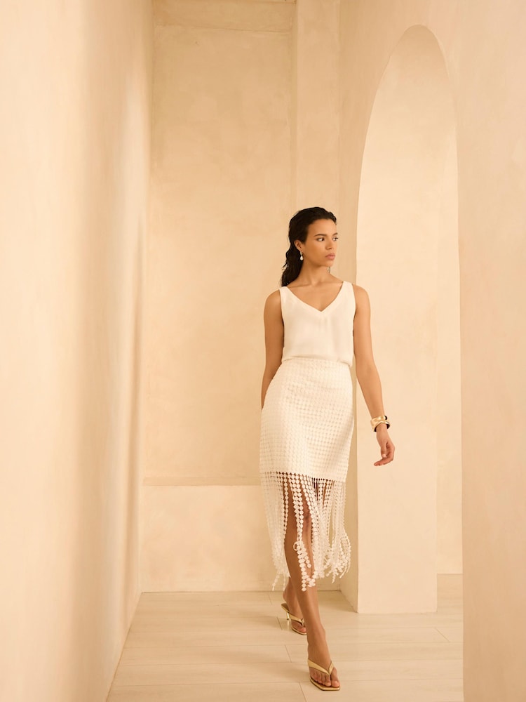 Mint Velvet Cream Disc Detail Fringed Midi Skirt - Image 2 of 8