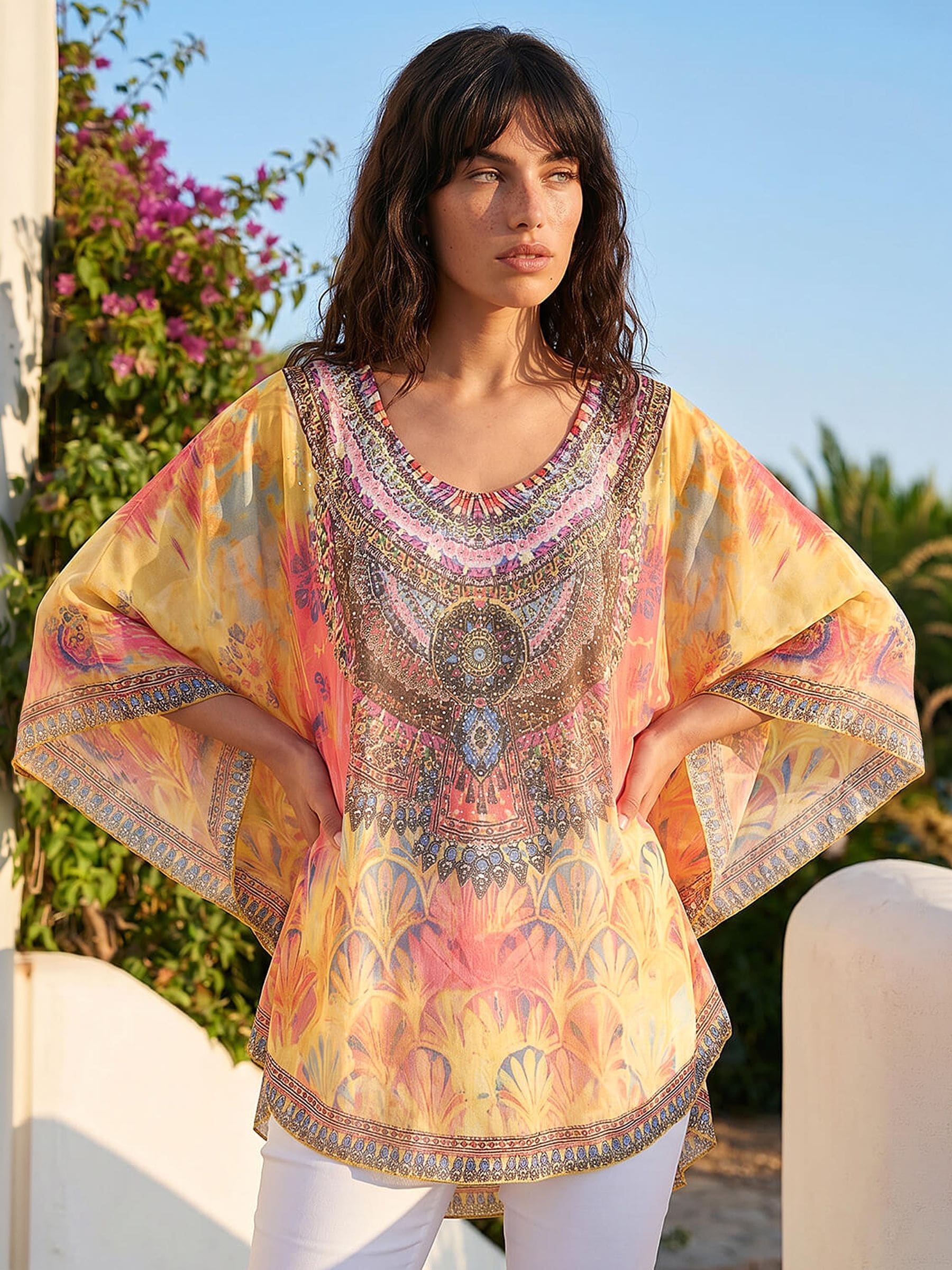 Roman Women's Yellow Abstract Embellished Overlay Top
