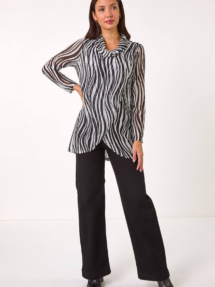 Roman Black Wavy Linear Print Cowl Neck Tunic - Image 1 of 5