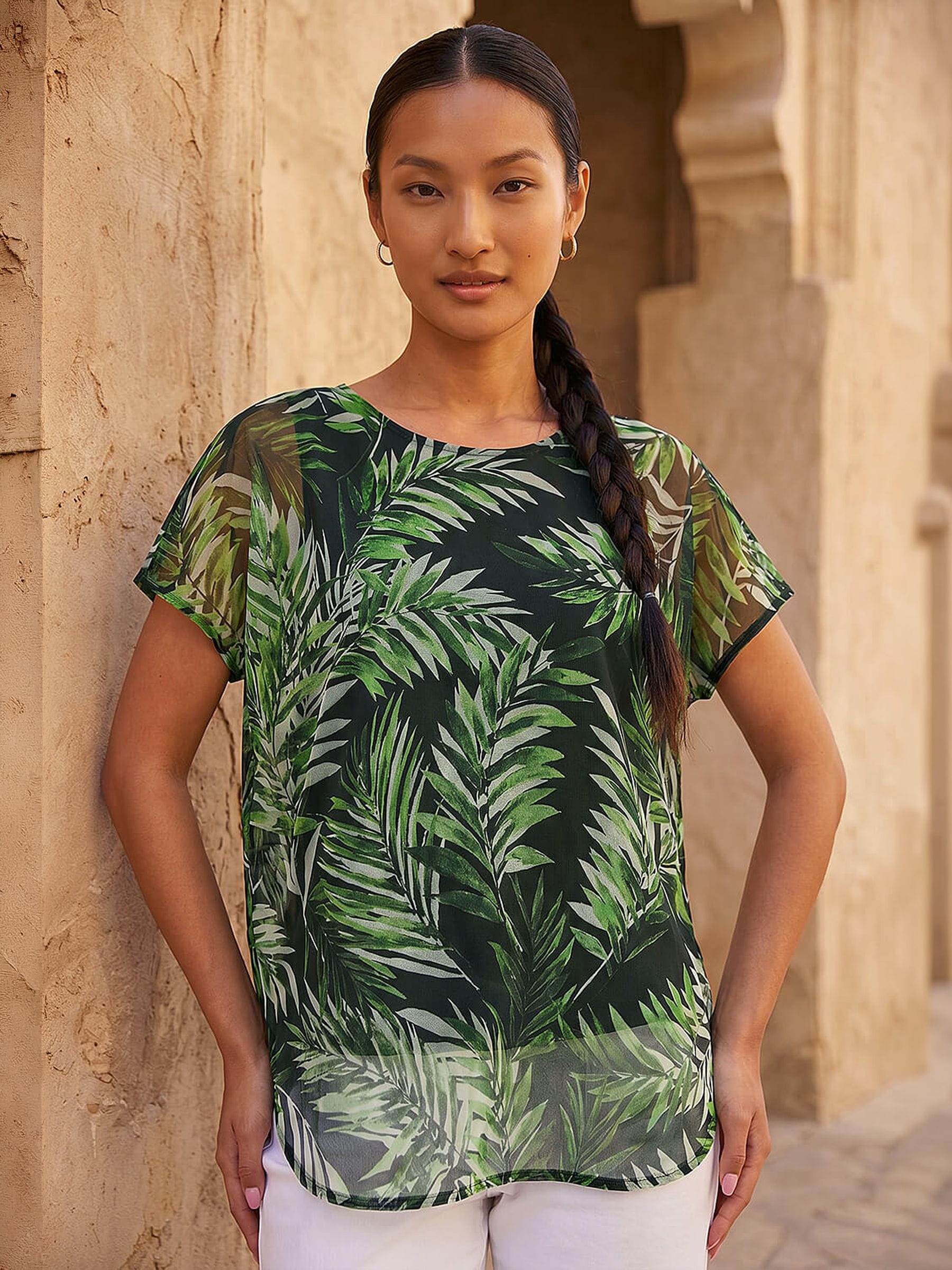 Roman Green Palm Print Mesh Overlay Top - Image 2