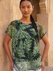 Roman Green Palm Print Mesh Overlay Top - Image 1 of 4