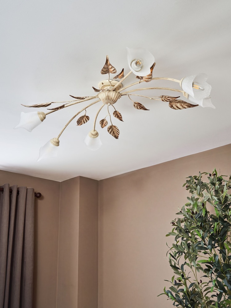 Visconte by BHS Ivory/ Brown Leaves Siena 6 lt Oval Ceiling Light - Image 1 of 6 Visconte by BHS Ivory/ Brown Leaves Siena 6 lt Oval Ceiling Light - Image 1 of 6