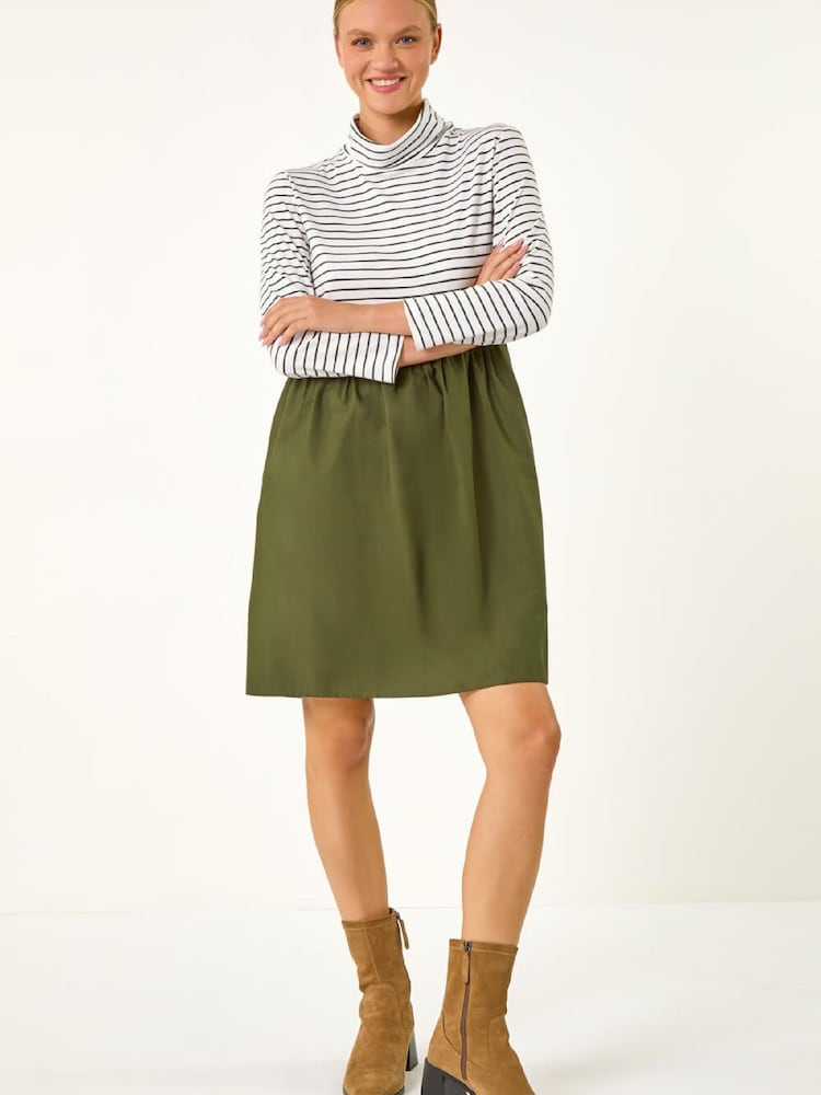 Roman Green Contrast Stripe High Neck Smock Dress - Image 1 of 5 Roman Green Contrast Stripe High Neck Smock Dress - Image 1 of 5