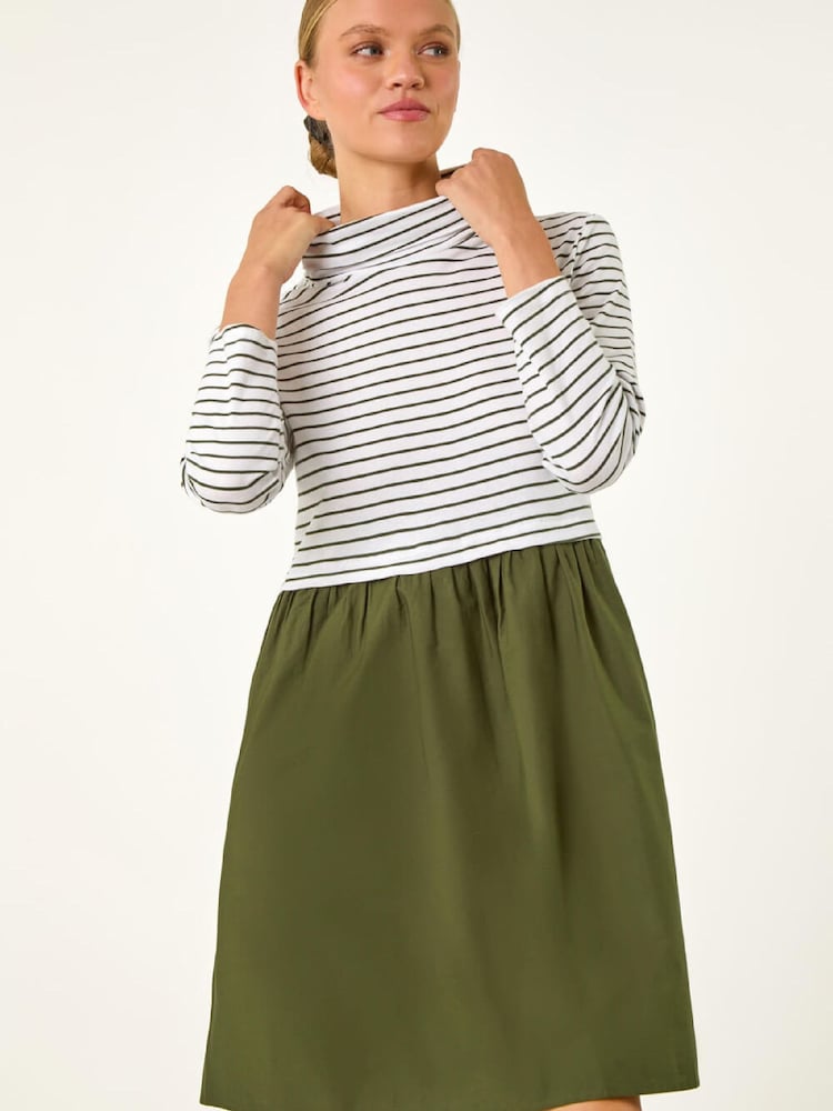 Roman Green Contrast Stripe High Neck Smock Dress - Image 2 of 5 Roman Green Contrast Stripe High Neck Smock Dress - Image 2 of 5