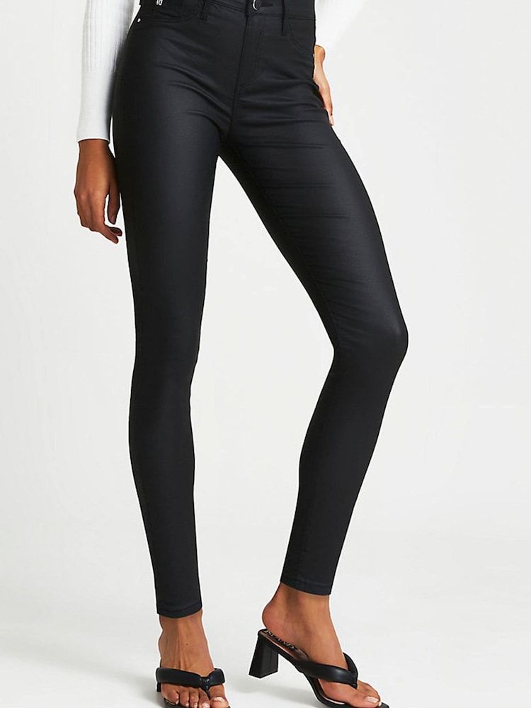 River Island Black Mid Rise Super Stretch Coated Skinny Jeans - Image 1 of 6