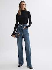 Reiss Mid Blue Hallow Petite High Rise Straight Leg Jeans - Image 1 of 6