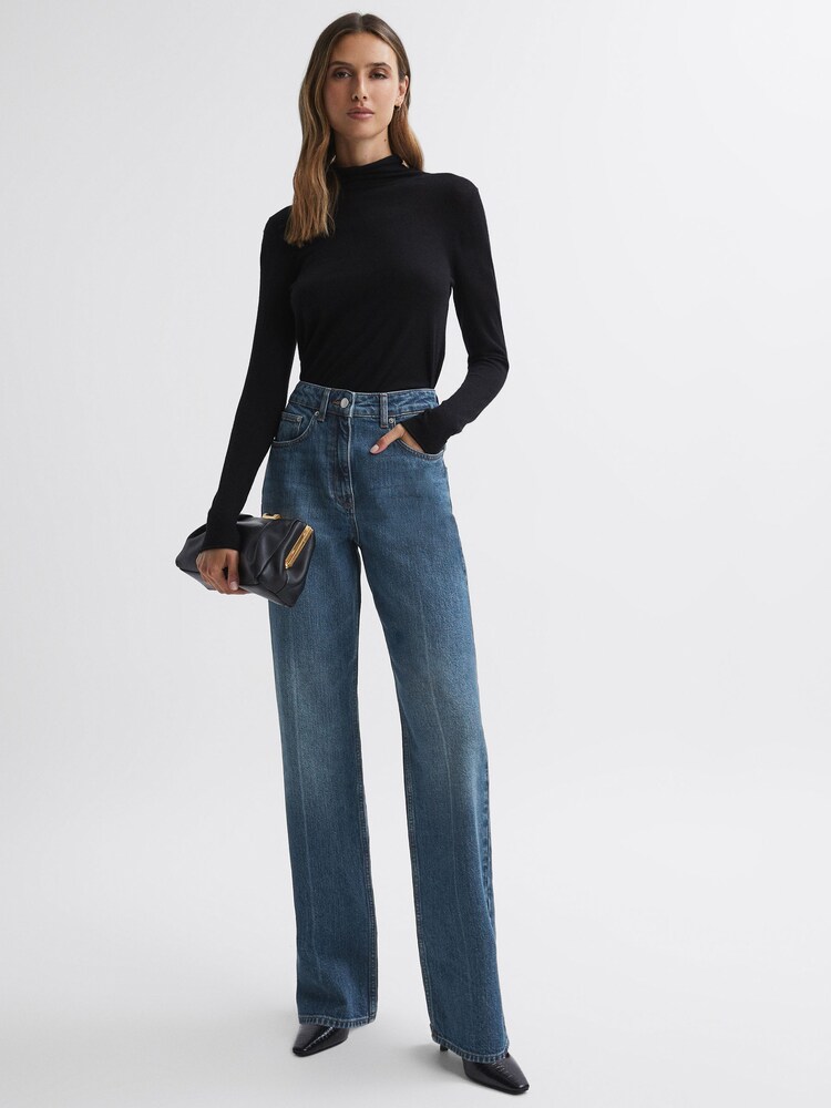Reiss Mid Blue Hallow Petite High Rise Straight Leg Jeans - Image 1 of 6