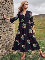Roman Black Embroidered Floral Tiered Dress - Image 1 of 4