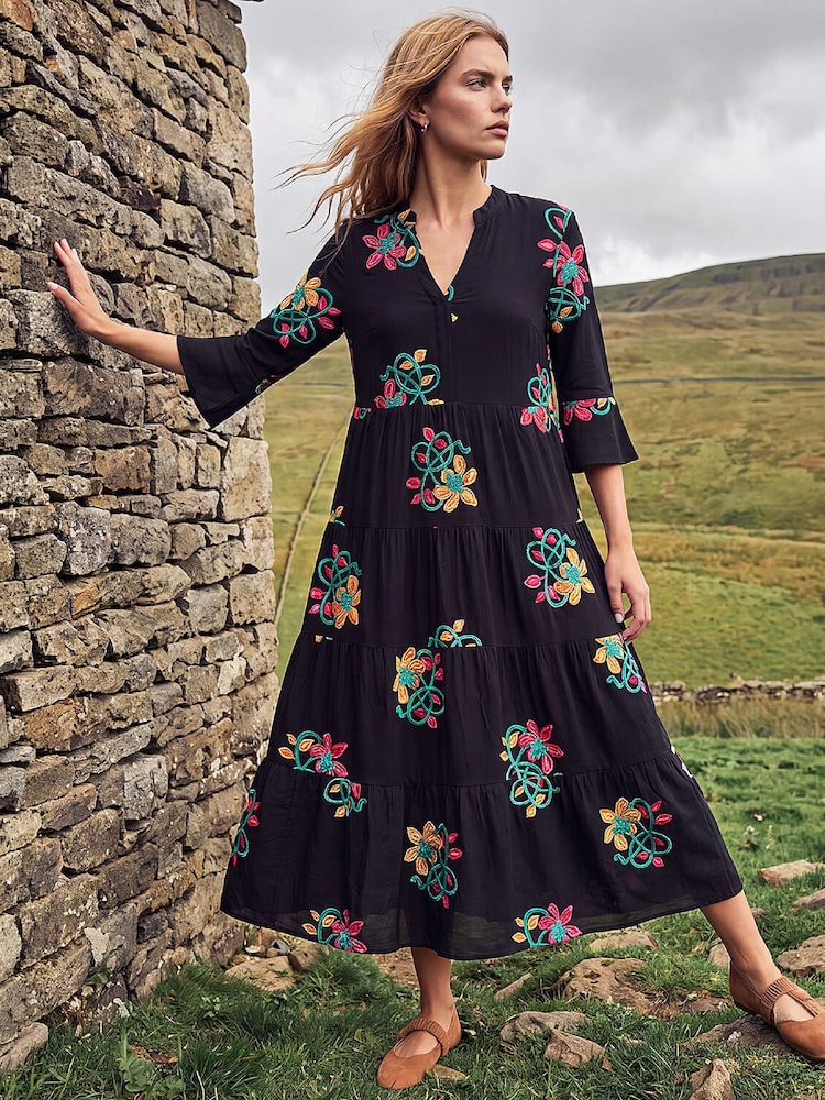Roman Black Embroidered Floral Tiered Dress - Image 1 of 4 Roman Black Embroidered Floral Tiered Dress - Image 1 of 4