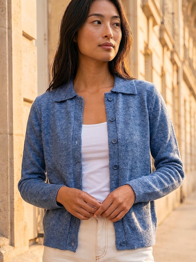 Roman Blue Petite Collar Cardigan - Image 1 of 4 Roman Blue Petite Collar Cardigan - Image 1 of 4