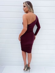 AX Paris Purple Plum One Sleeve Ruched Bodycon Midi Dress - Image 2 of 4