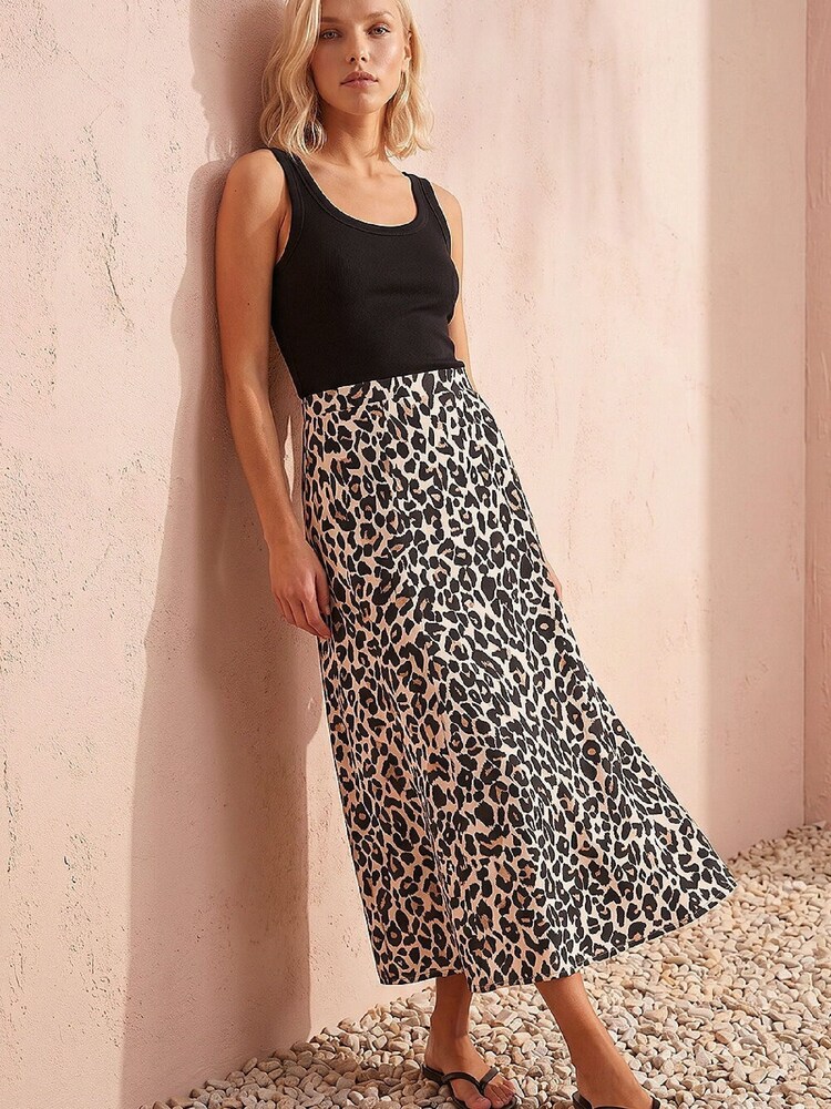 Roman Brown Animal Print Jersey Midi Skirt - Image 1 of 4