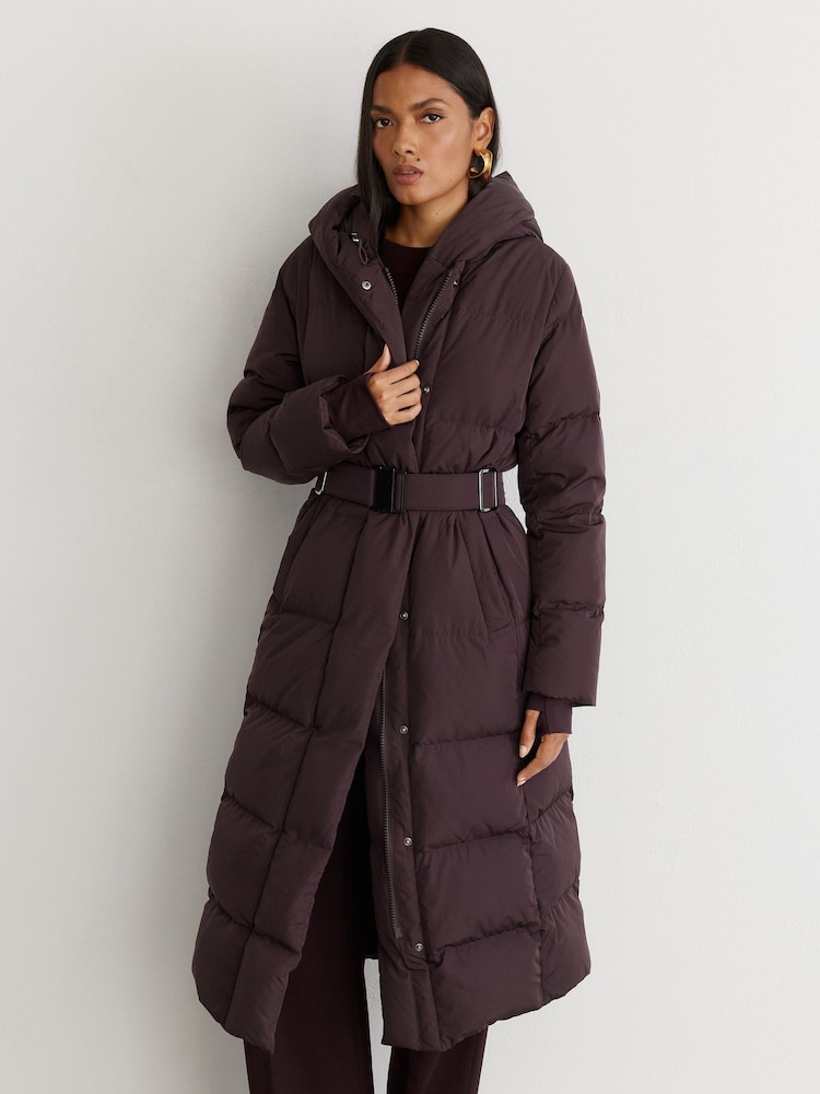 Tamsi vynuogė - Reiss Larissa Belted Longline Hooded Puffer Coat - 1 paveikslėlis iš 8