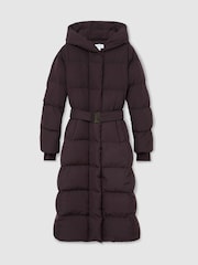 Tamsi vynuogė - Reiss Larissa Belted Longline Hooded Puffer Coat - 2 paveikslėlis iš 8