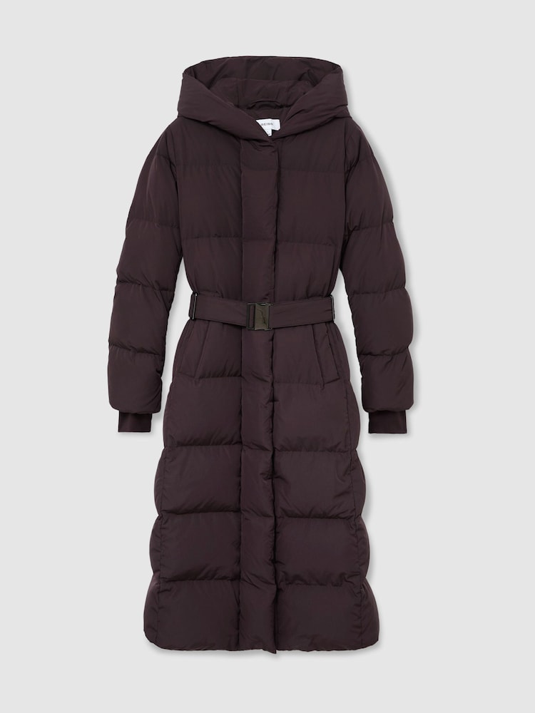 Tamsi vynuogė - Reiss Larissa Belted Longline Hooded Puffer Coat - 2 paveikslėlis iš 8