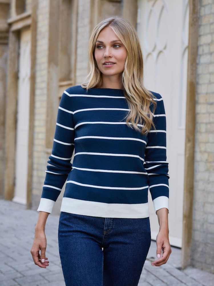 Pure Collection Blue Cotton Wool Striped Jumper - Image 1 of 3
