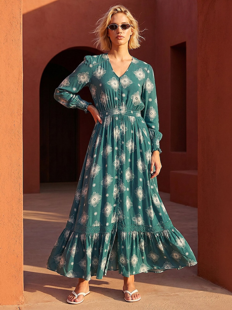 Roman Green Floral Lace Trim Midi Dress - Image 1 of 4 Roman Green Floral Lace Trim Midi Dress - Image 1 of 4