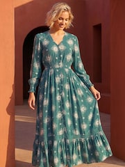 Roman Green Floral Lace Trim Midi Dress - Image 2 of 4
