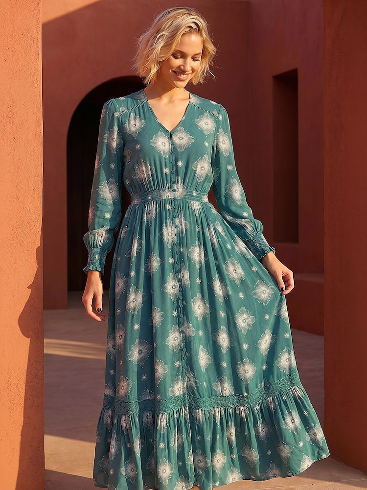 Roman Green Floral Lace Trim Midi Dress - Image 2 of 4 Roman Green Floral Lace Trim Midi Dress - Image 2 of 4