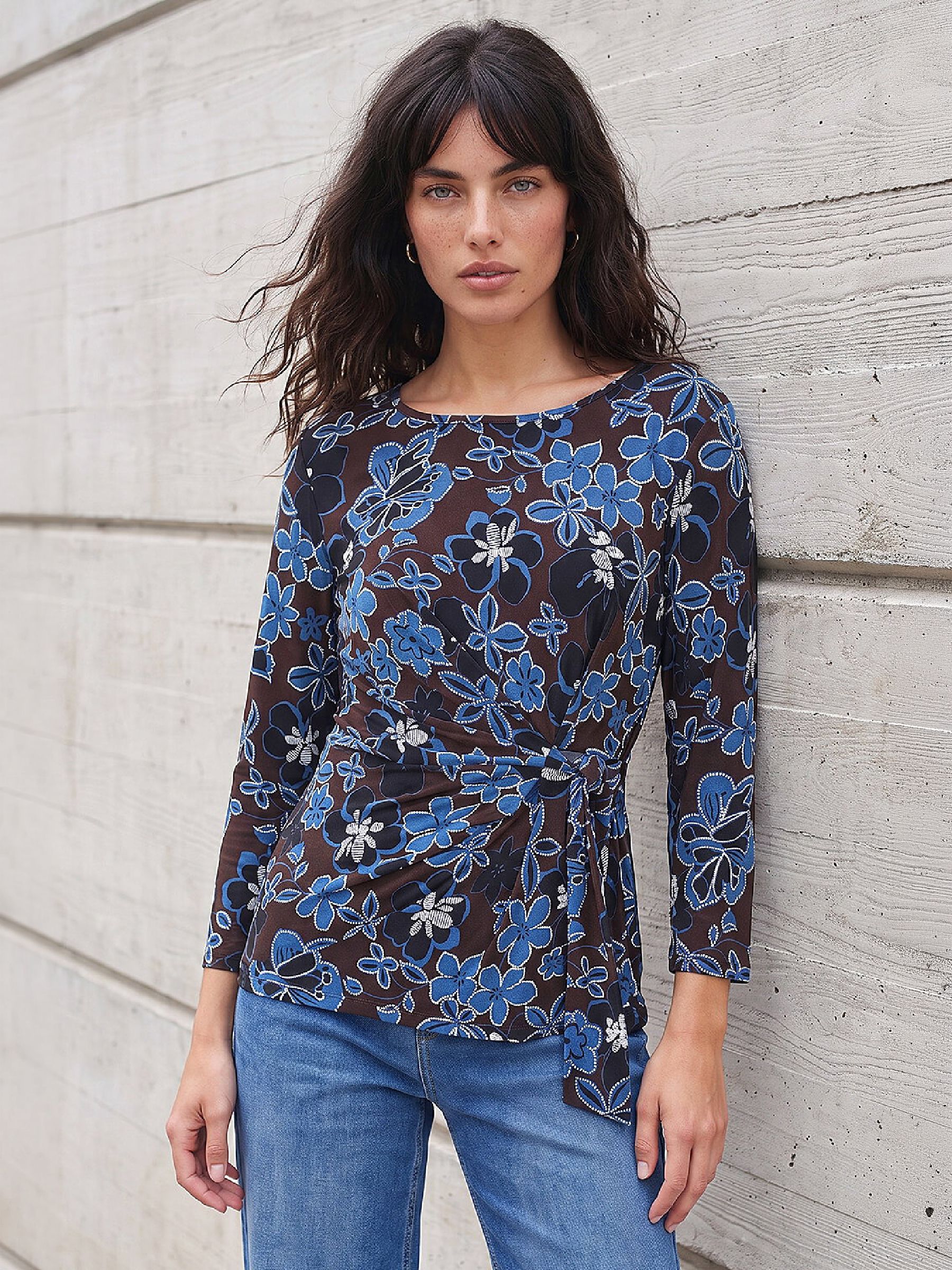 Roman Chocolate Floral Puff Print Side Tie Top - Image 3