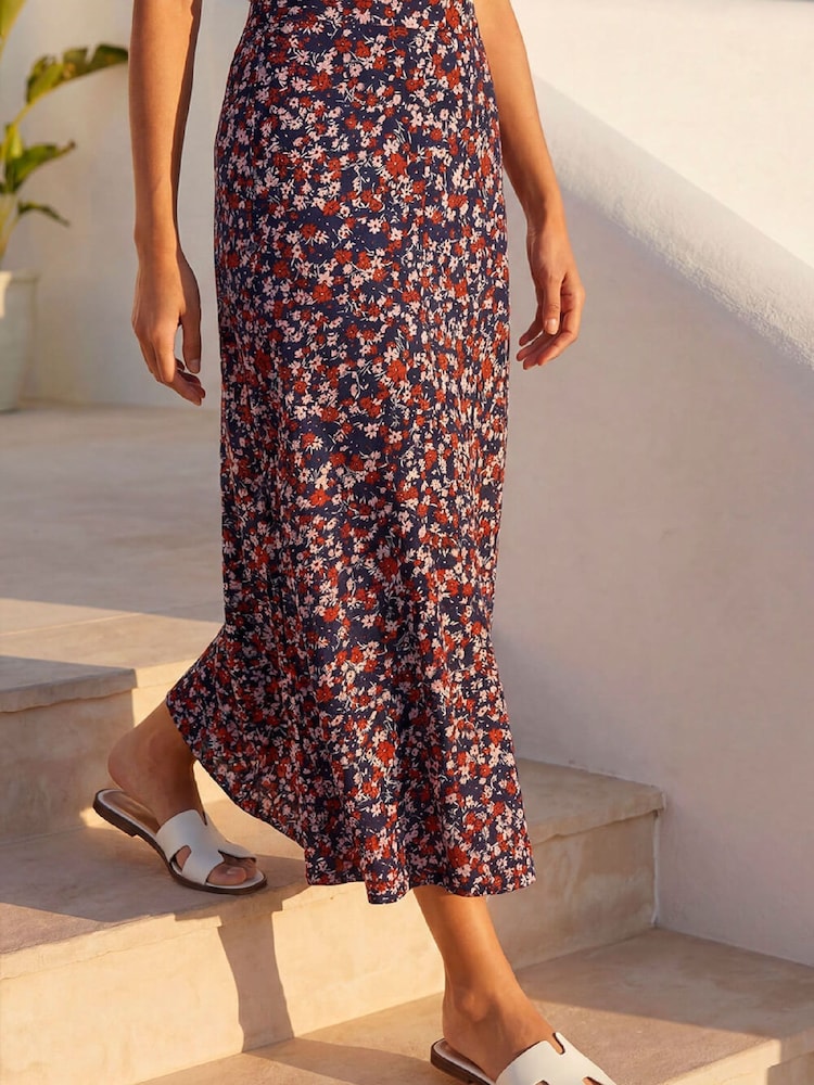 Roman Blue Ditsy Floral Stretch Midi Skirt - Image 1 of 4 Roman Blue Ditsy Floral Stretch Midi Skirt - Image 1 of 4