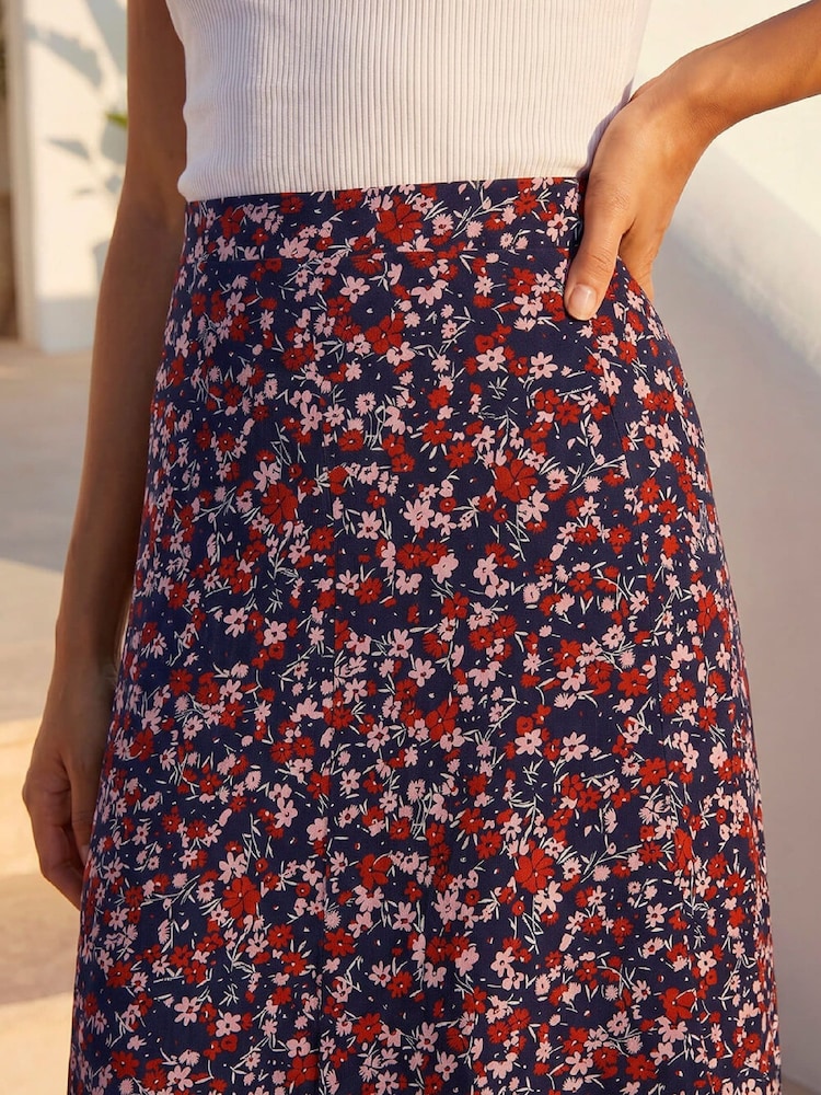 Roman Blue Ditsy Floral Stretch Midi Skirt - Image 4 of 4 Roman Blue Ditsy Floral Stretch Midi Skirt - Image 4 of 4