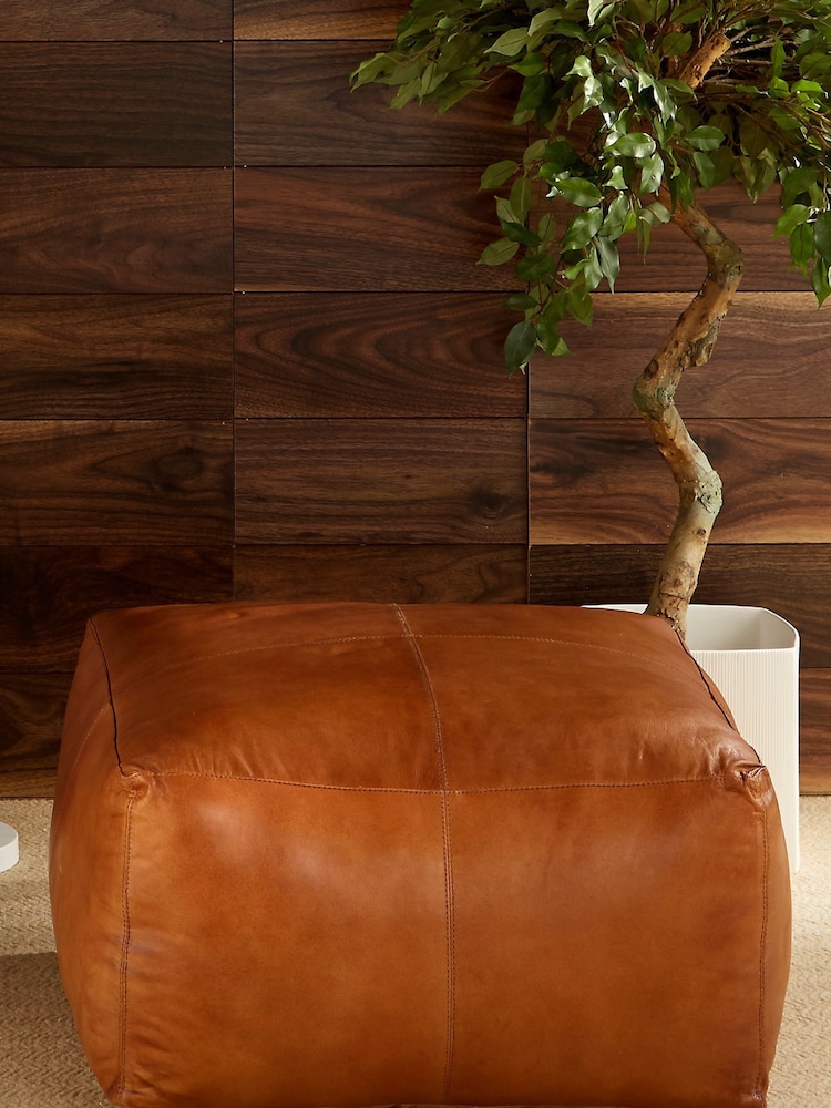 Pacific Tan Brown Leather Square Pouffe - Image 1 of 5