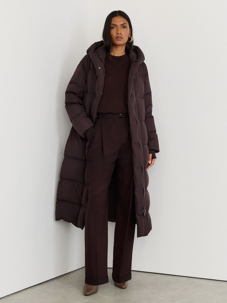 Reiss Dark Grape Larissa Petite Belted Longline Hooded Puffer Coat - Image 1 of 8