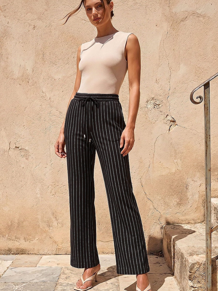 Roman Black Petite Stripe Wide Leg Stretch Trousers - Image 1 of 4 Roman Black Petite Stripe Wide Leg Stretch Trousers - Image 1 of 4