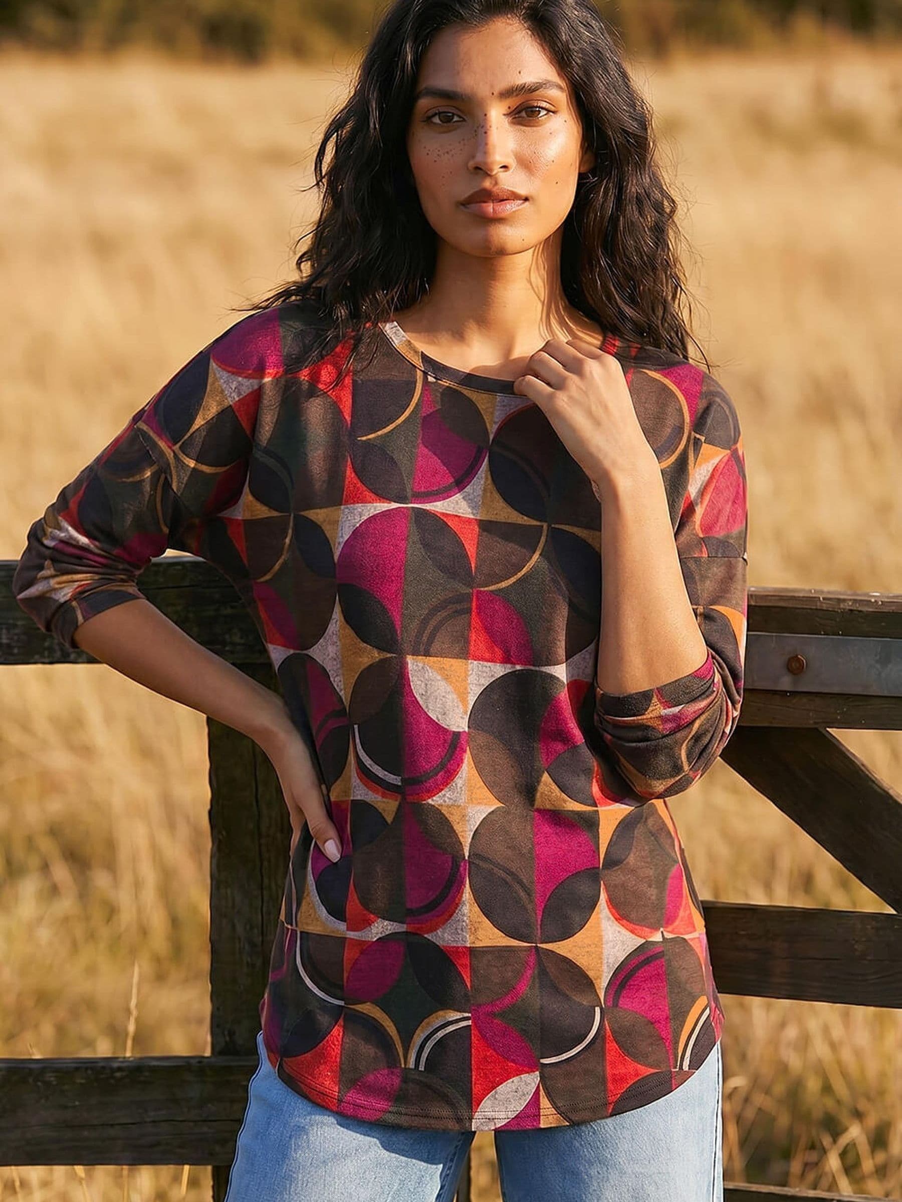 Roman Women's Brown Geo Print Snit Top - Image 3