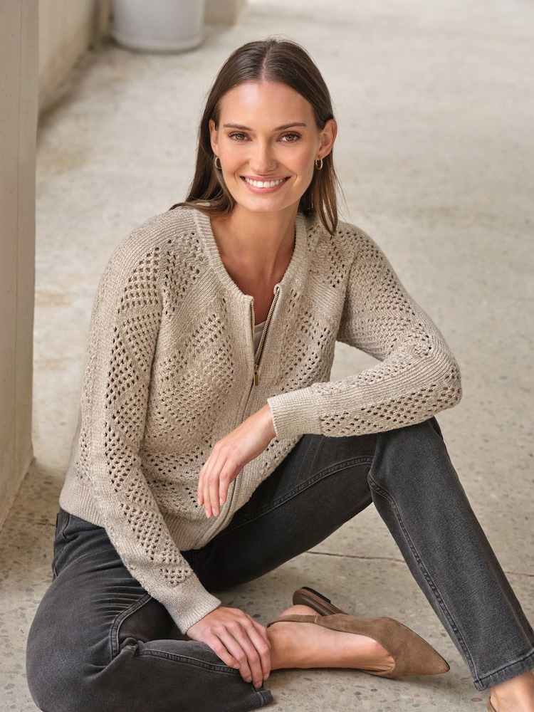 Pure Collection Natural Cotton Mesh Zip Cardigan - Image 1 of 3 Pure Collection Natural Cotton Mesh Zip Cardigan - Image 1 of 3