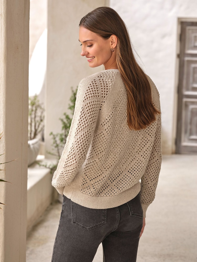 Pure Collection Natural Cotton Mesh Zip Cardigan - Image 2 of 3 Pure Collection Natural Cotton Mesh Zip Cardigan - Image 2 of 3