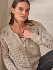 Pure Collection Natural Cotton Mesh Zip Cardigan - Image 3 of 3