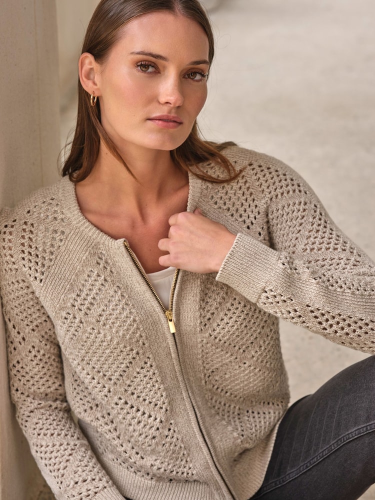 Pure Collection Natural Cotton Mesh Zip Cardigan - Image 3 of 3 Pure Collection Natural Cotton Mesh Zip Cardigan - Image 3 of 3