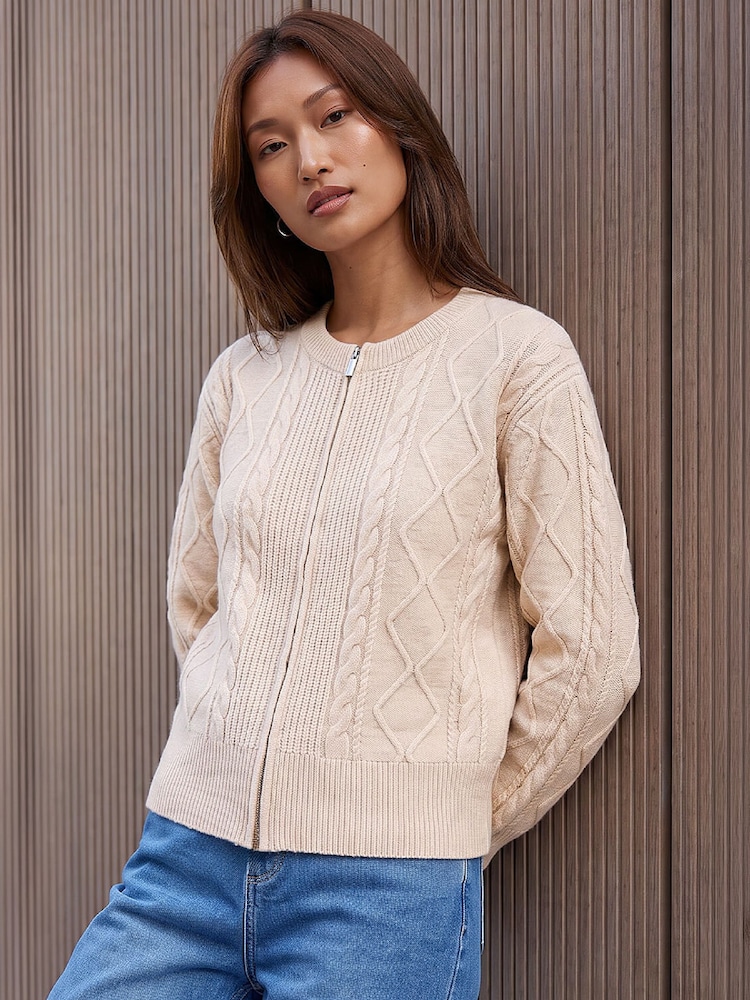 Roman White Knitted Cable Bomber Jacket - Image 1 of 4 Roman White Knitted Cable Bomber Jacket - Image 1 of 4
