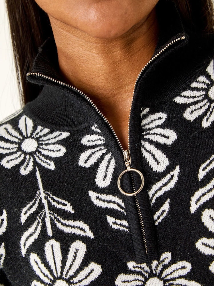 Roman Black Floral Zip Front Jumper - Image 5 of 5