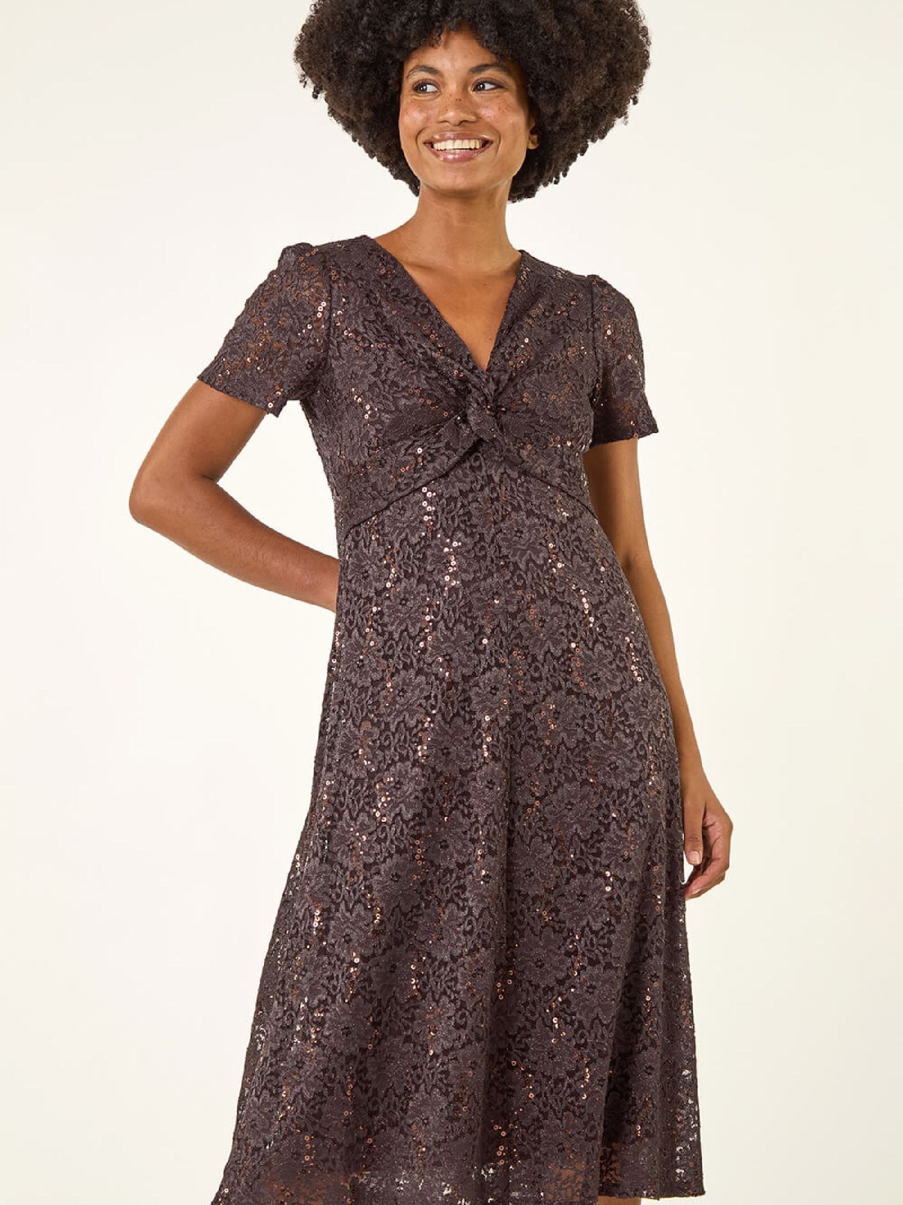 Buy Roman Brown Sequin Lace Twist Front Midi Dress from Next USA