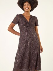 Roman Brown Sequin Lace Twist Front Midi Dress - Image 1 of 5