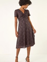 Roman Brown Sequin Lace Twist Front Midi Dress - Image 3 of 5
