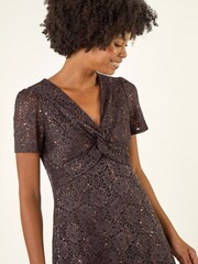 Roman Brown Sequin Lace Twist Front Midi Dress - Image 4 of 5