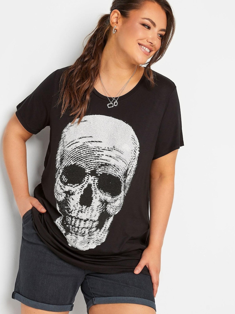 Yours Curve Black Skull Printed T-Shirt - Image 1 of 4