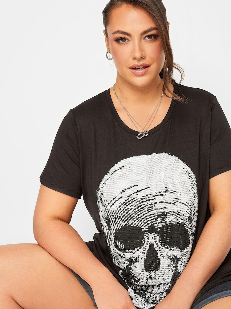 Yours Curve Black Skull Printed T-Shirt - Image 4 of 4
